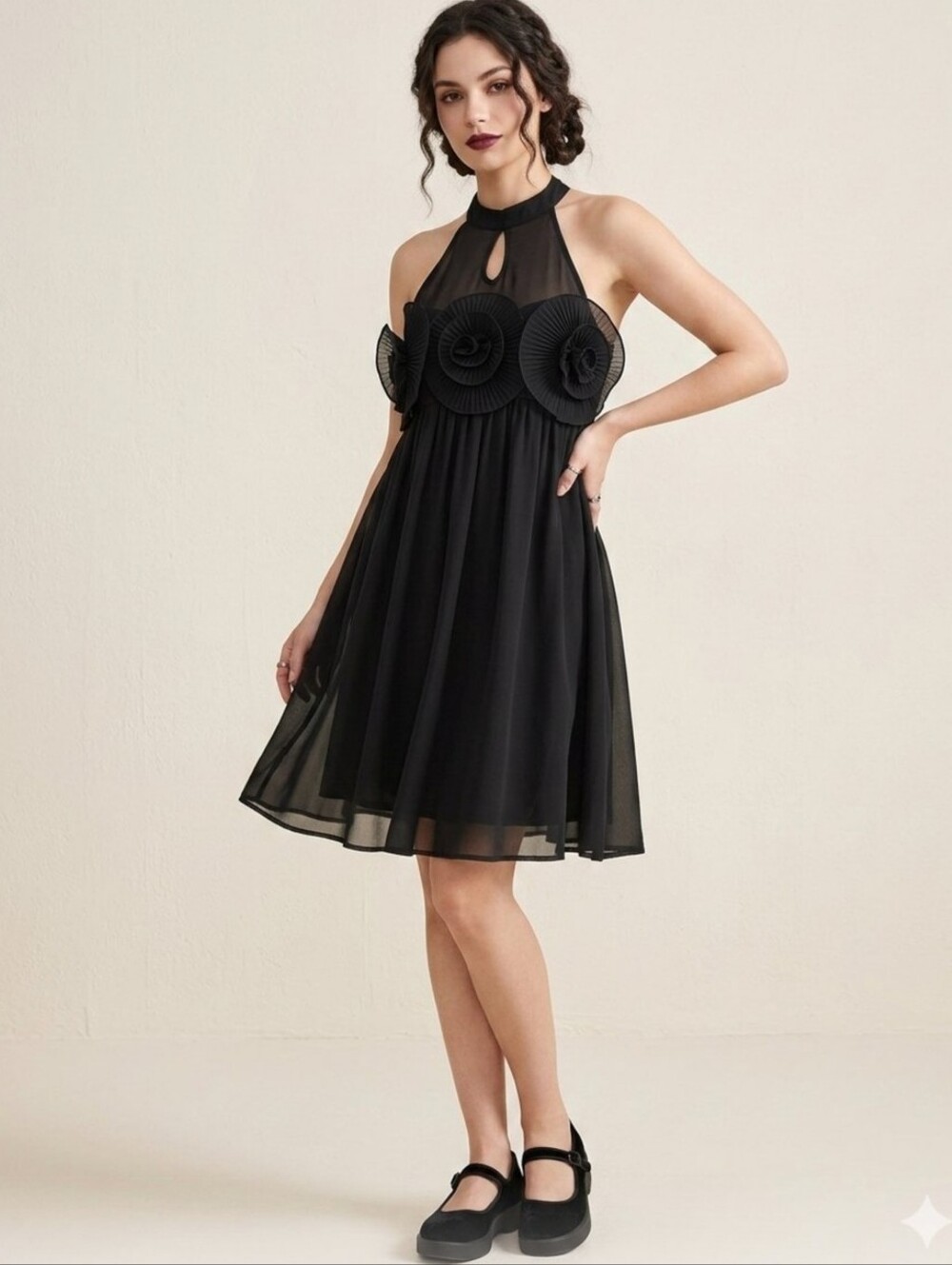 JJ'S Fairyland Black Sheer Rosette Whimsygoth Whimsical Romantic Goth Mini Dress